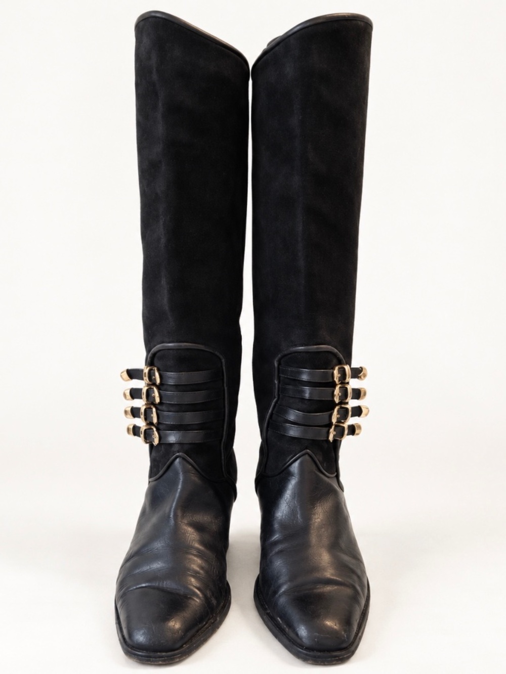 Vintage 90s Via Spiga Leather Suede Knee High Boots Gold Buckles Italy